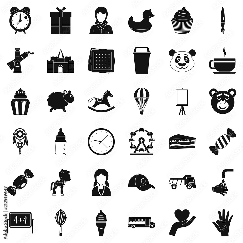 Poster planning icons set. simple style of 36 playing center vector icons for web isolated on white backgro