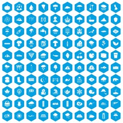 100 rain icons set in blue hexagon isolated vector illustration