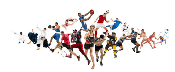 Sport collage about kickboxing, soccer, american football, basketball, ice hockey, badminton,...