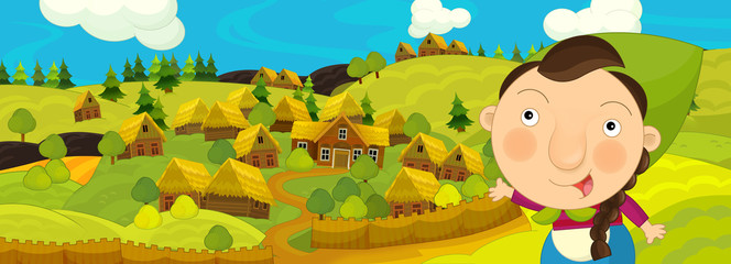 cartoon scene with farmer woman working near some farm village - illustration for children