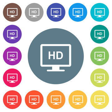 HD display flat white icons on round color backgrounds