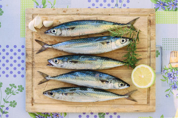 Raw mackerel with claws of garlic and lemon on wooden plate. Fresh fish