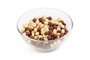 Cereal balls for breakfast in a bowl isolated on white background