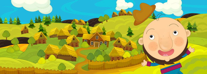 cartoon scene with farmer near the farm village - illustration for children