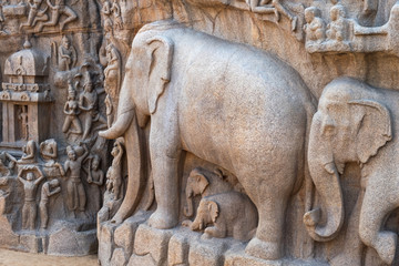 Bas relief at Mamallapuram, India, carved on two  rock boulders in the 7th century. The carving, known as Arjuna’s Penance, depicts the mythical Descent of the Ganges to the earth led by Arjuna