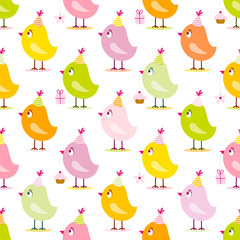 Seamless Pattern Birthday Birds Symbols Yellow/Orange/Green