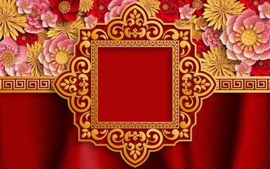 chinese oriental wedding Invitation card templates with beautiful patterned on paper color Background.