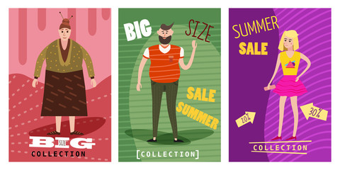 Cards for selling clothes, different sizes, characters for men and women, large-scale clothing, modern style graphics, posters, banners, advertising, vector, isolated