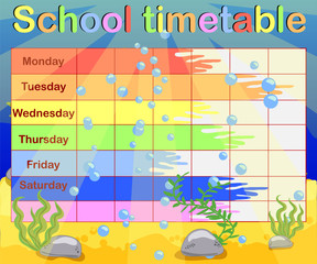 Design of the school timetable for kids. Bright underwater background for the planning of the school week