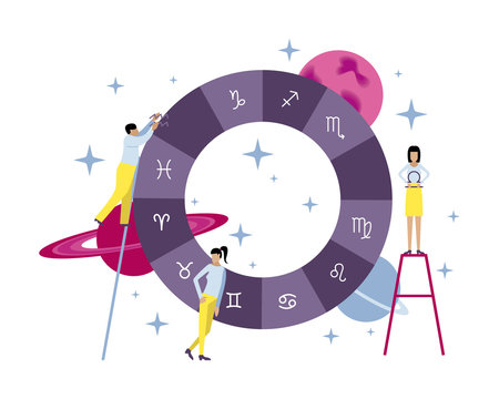 Vector illustration with small people. Creation of the natal chart and horoscope. Planets, stars, astrology.