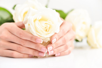 Fototapeta na wymiar Hands of a woman with beautiful french manicure and white roses