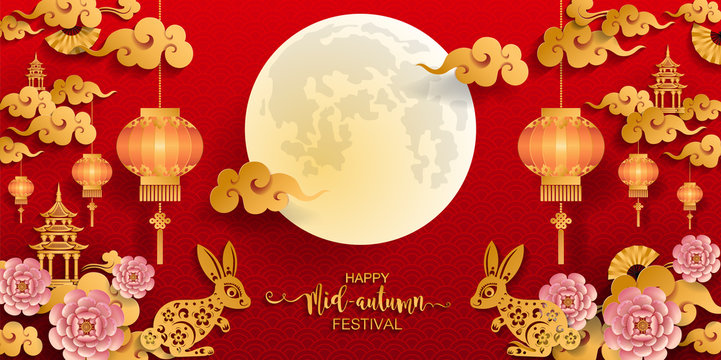 Mid Autumn Festival with paper cut art and craft style on color Background.