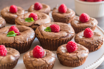 Delicious chocolate lava cakes with fresh raspberries and mint