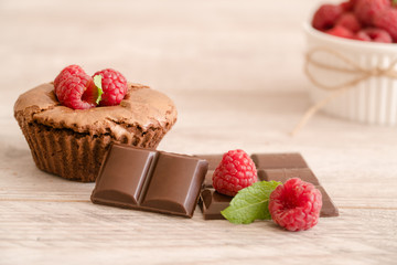 Delicious chocolate lava cake with fresh raspberries and mint