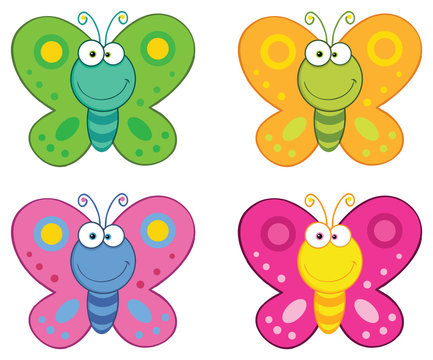 Butterfly Cartoon Mascot Character Set. Vector Collection Isolated On White Background