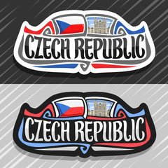 Vector logo for Czech Republic, fridge magnet with czech state flag, original brush typeface for words czech republic and national symbol - St. Vitus cathedral in Prague on blue cloudy sky background.