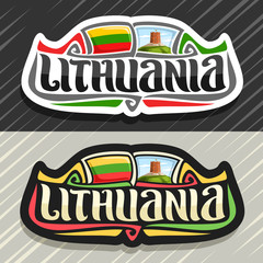 Vector logo for Lithuania country, fridge magnet with lithuanian flag, original brush typeface for word lithuania, national lithuanian symbol - Tower Of Gediminas in Vilnius on cloudy sky background.