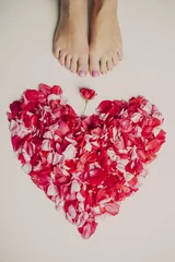 Poster Cute little present for St. Valentine's day. Roses on the floor. Small female feet and heart from roses on white background. Pink flowers and pink pedicure together. Spa and aromatherapy for evening © Tverdokhlib