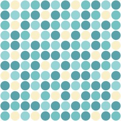 Seamless symmetric pattern of blue and yellow circles on white. Kaleidoscope background.
