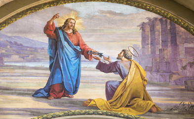 MODENA, ITALY - APRIL 14, 2018: The fresco Jesus consigning the keys to Peter  in church Chiesa di San Pietro by Carlo Goldoni (1822-1874) and Ferdinando Man