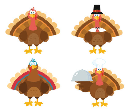 Thanksgiving Turkey Bird Cartoon Mascot Character Set 1. Vector Collection Isolated On White Background