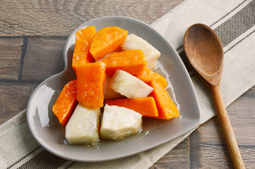 Sweet potatoes and Taro Thai Menu.
Sweet potatoes and Taro in syrup in heart shape dish on wooden 
