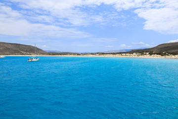 Fototapeta premium Summer day Simos beach, Elafonisos island, Peloponnese, Greece, June 2018. View from the yacht.