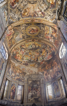 REGGIO EMILIA, ITALY - APRIL 12, 2018: The presbytery of church Basilica di San Prospero with the Last Judgment fresco in main apsida of by Camillo Procaccini (1585 - 1587).