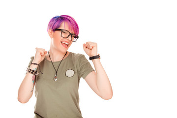 Vivid young woman dancing happily