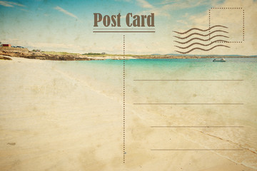 Vintage summer postcard. White sand of beach