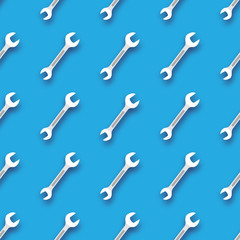 Wrench seamless pattern. Blue background. Tools with shadow.