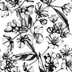 Awesome jasmine flowers. Hand drawn ink illustration. Wallpaper or fabric design.