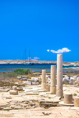 Fototapeta premium Ancient ruins in the island of Delos in Cyclades, one of the most important mythological, historical and archaeological sites in Greece.