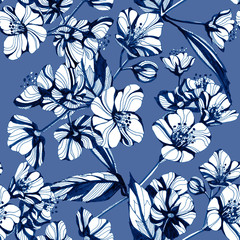 Awesome jasmine flowers. Hand drawn ink illustration. Wallpaper or fabric design.
