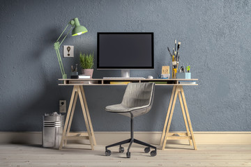 Skandinavisches, nordisches Arbeitszimmer mit einem Schreibtisch - Home Office - Büro - Heimarbeit