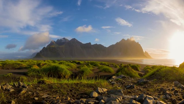 4k Timelapse Movie of Beautiful Sunrise Scene Mountain vestrahorn in Iceland, Summer Season