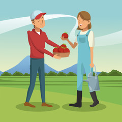 Young couple with tomato harvest vector illustration graphic design