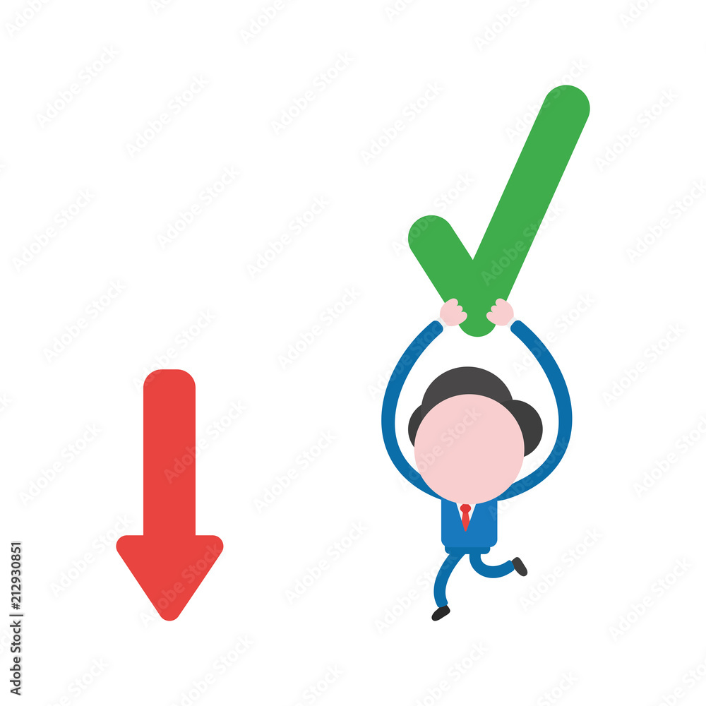 Aufkleber vector businessman character running and carrying check mark to arrow moving down