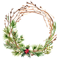 Christmas wreath. Ornaments from the branches painted with watercolors on white background. Branches of trees. Holly sprigs with red berries.