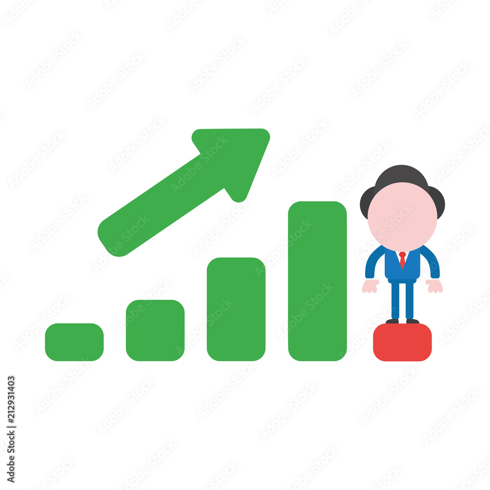Poster vector businessman character standing on sales bar graph moving up and down
