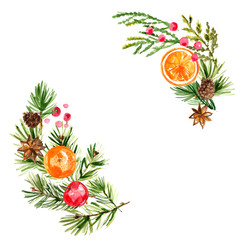 Christmas wreath. Ornaments from the branches painted with watercolors on white background. Branches of trees. Holly sprigs with red berries.