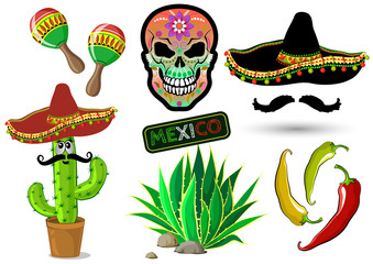 Set of Mexican elements: cactus, sombrero, agave, maracas, skull, hot pepper. Vector illustration.
