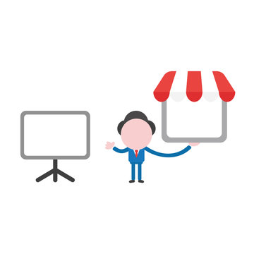 Vector businessman character with blank presentation chart and holding shop store
