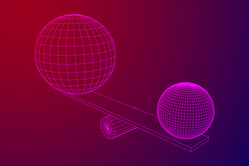 Simple seesaw scales weighing big and small abstract spheres. Balance, comparison and equality concept. . Wireframe low poly mesh vector illustration