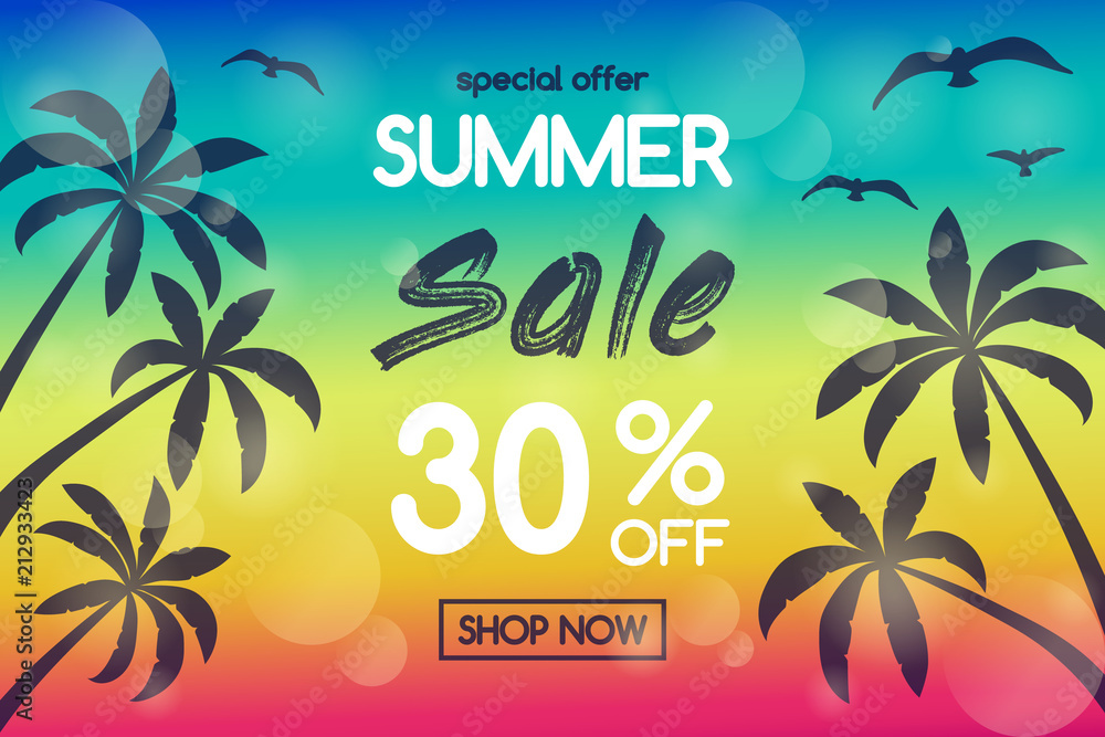 Wall mural Summer Sale - banner with tropical palms. Vector.