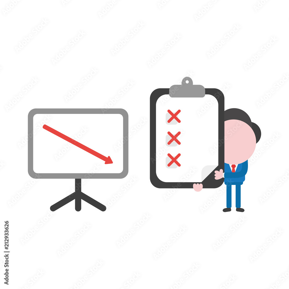 Poster vector businessman character with sales chart arrow moving down and holding clipboard with x marks