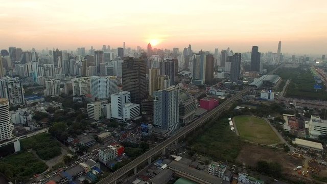 aerial view of bangkok skyscraper and sunset sky