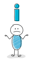 Confused stickman with information sign icon. Vector.