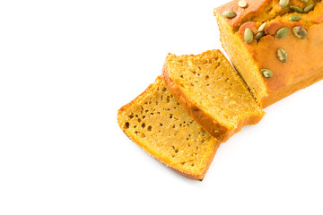 Homemade pumpkin bread isolated on white background. Copyspace