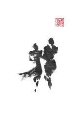 Walking couple Japanese style original sumi-e ink painting.